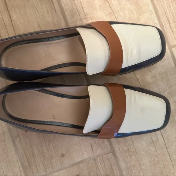 M. Gemi Two-Tone Leather Loafers in Cream, Brown & Navy - Picture 2 of 4